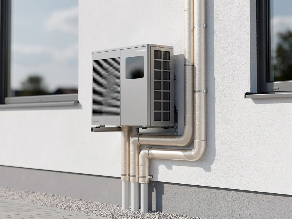 Pompe à chaleur à gaz à absorption posée le long d'une façade de maison