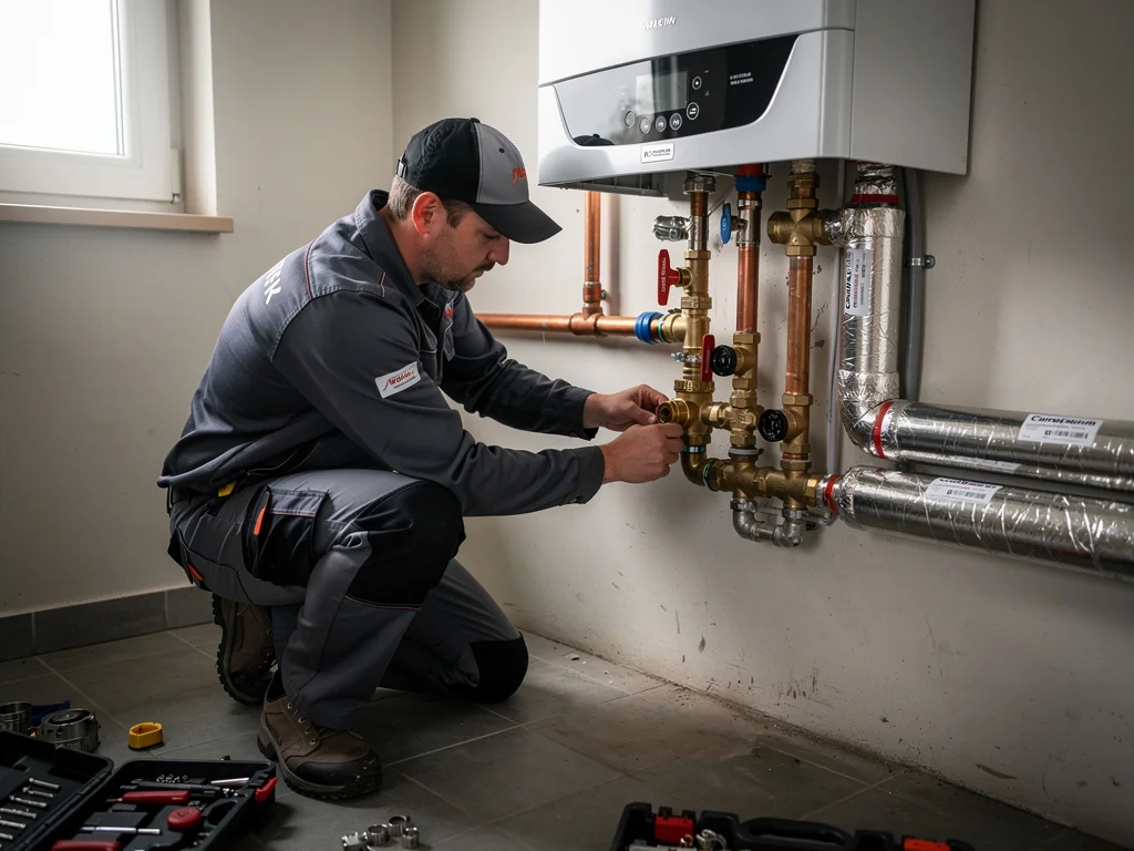Technicien raccordant une pompe à chaleur à gaz au circuit de chauffage