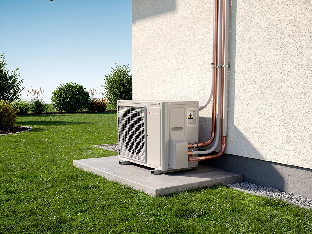 Pompe à chaleur à gaz installée dans un jardin, reliée au chauffage central